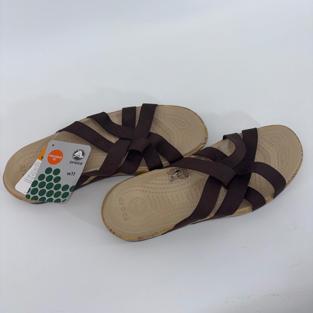 Crocs Edie Slide Sandals Womens 11 Espresso Brown Strappy Cork Wrap New